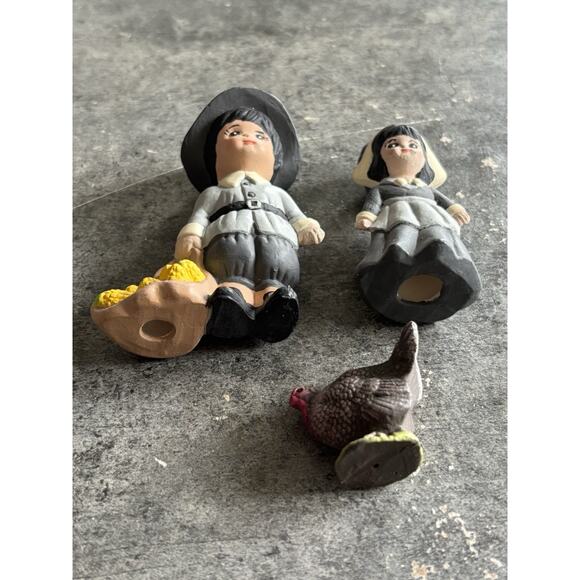 Fall Figurines Turkey Pilgrim Girl & Boy Ceramic Vtg Thanksgiving Decor Set of 3 - Picture 2 of 7